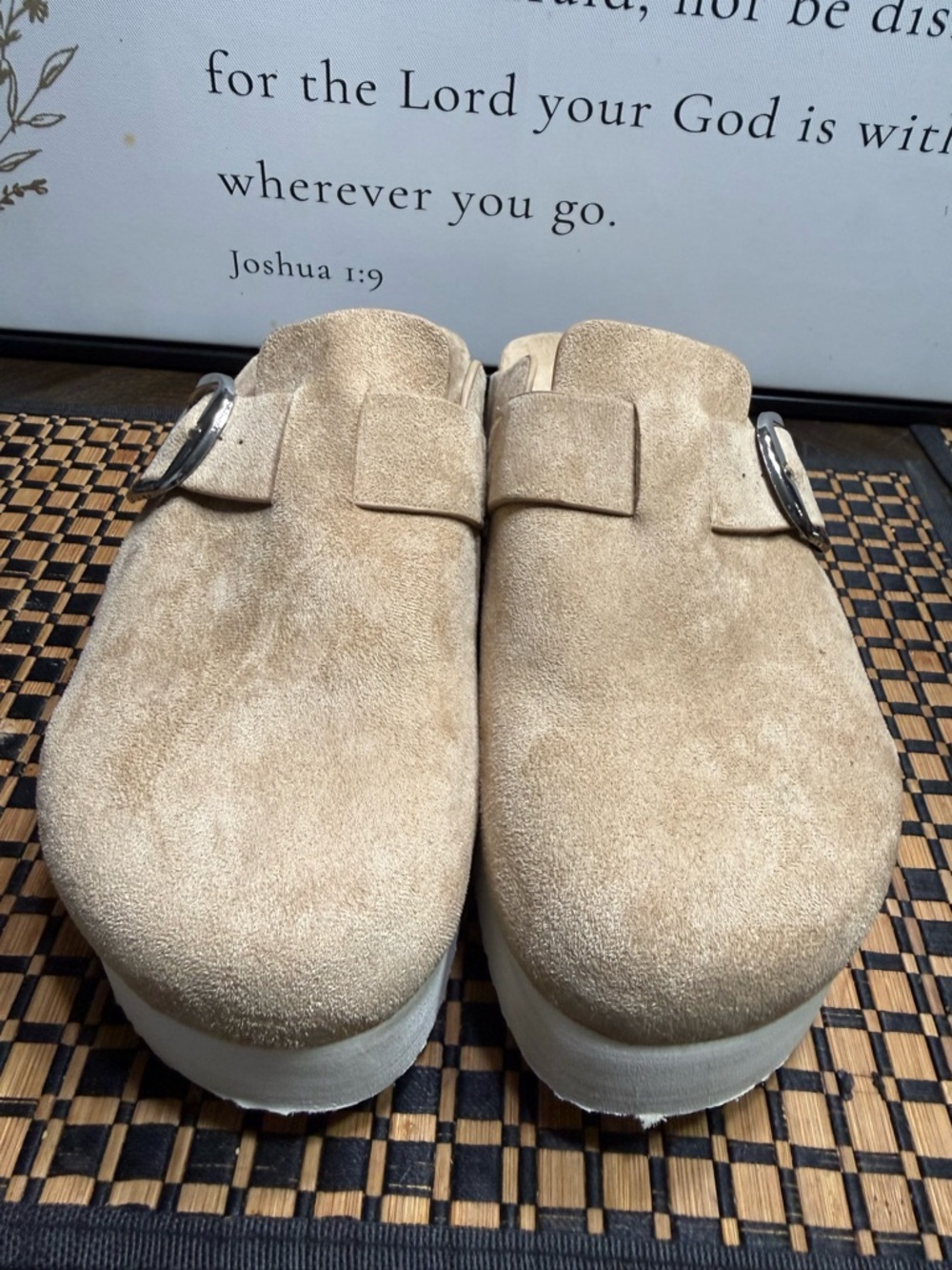 Steve Madden Beige Suede Buckle Clog Mules Women SZ 8.5 Box 16